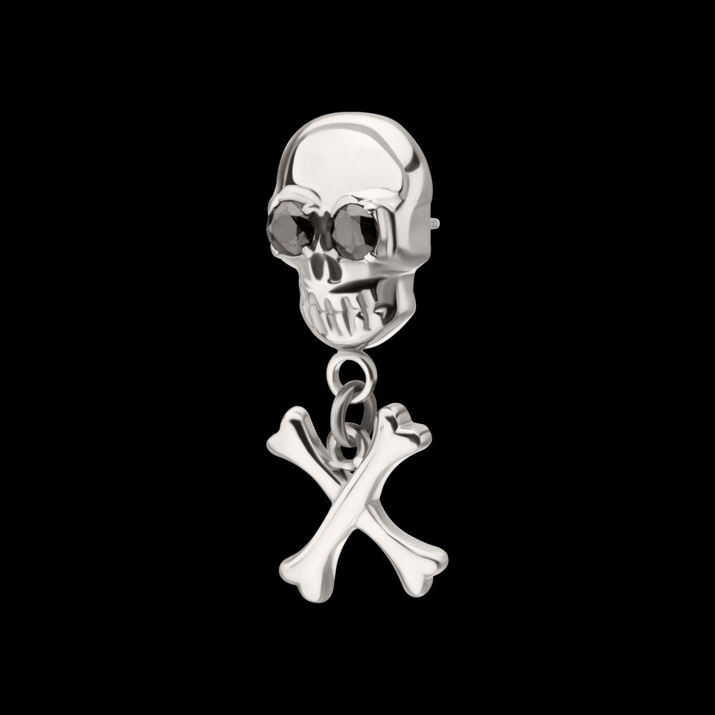 Skull with Crossbone Dangle Flatback Stud Earring / Nosering - Titanium