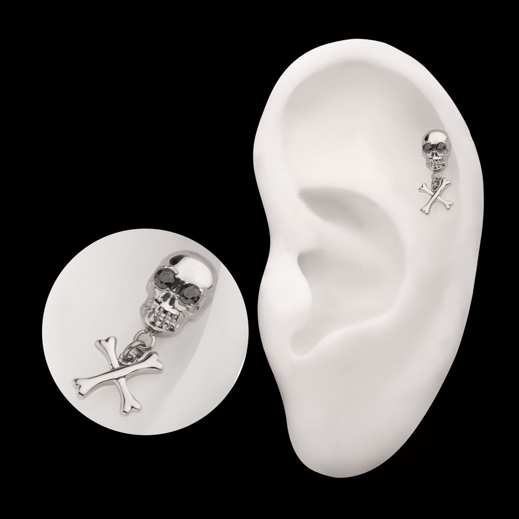 Skull with Crossbone Dangle Flatback Stud Earring / Nosering - Titanium