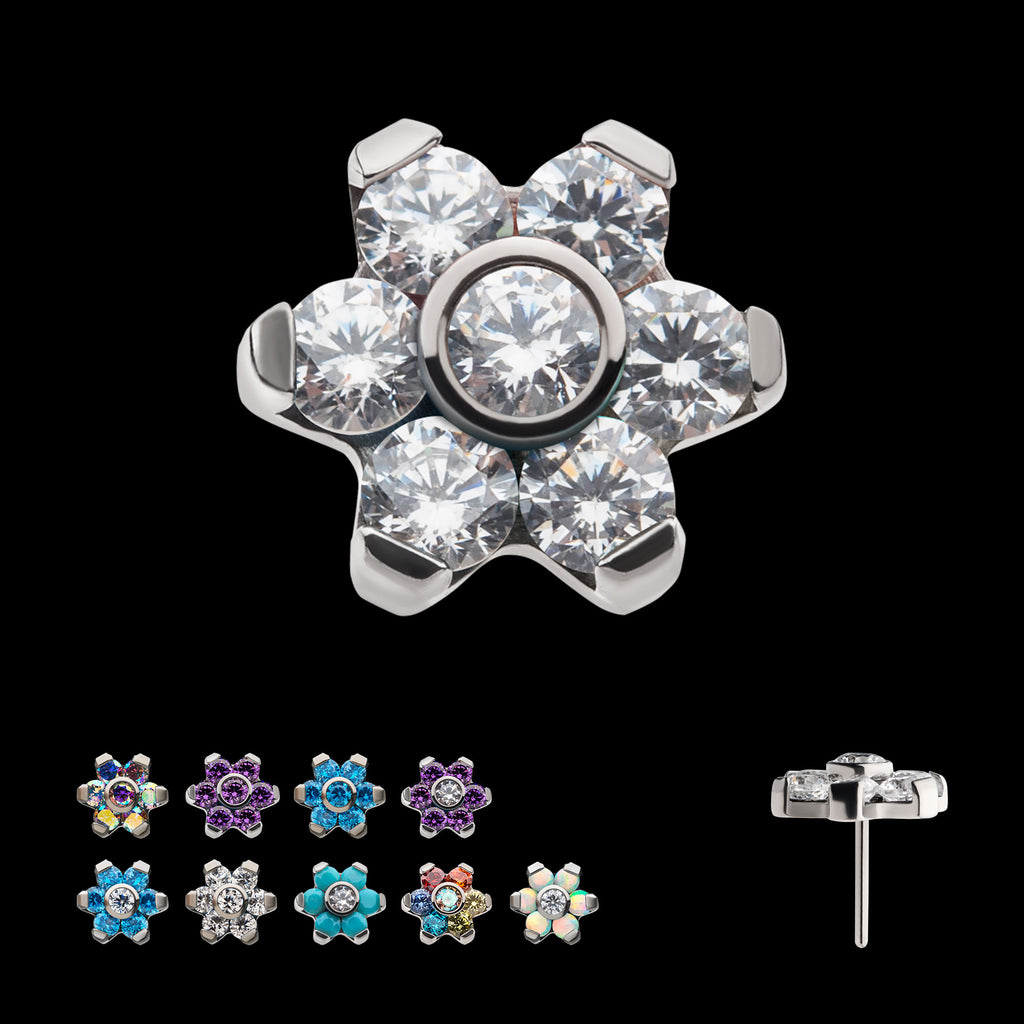 Prong Set 7 CZ Flower Flatback Stud Earring / Nosering - CZ in Titanium