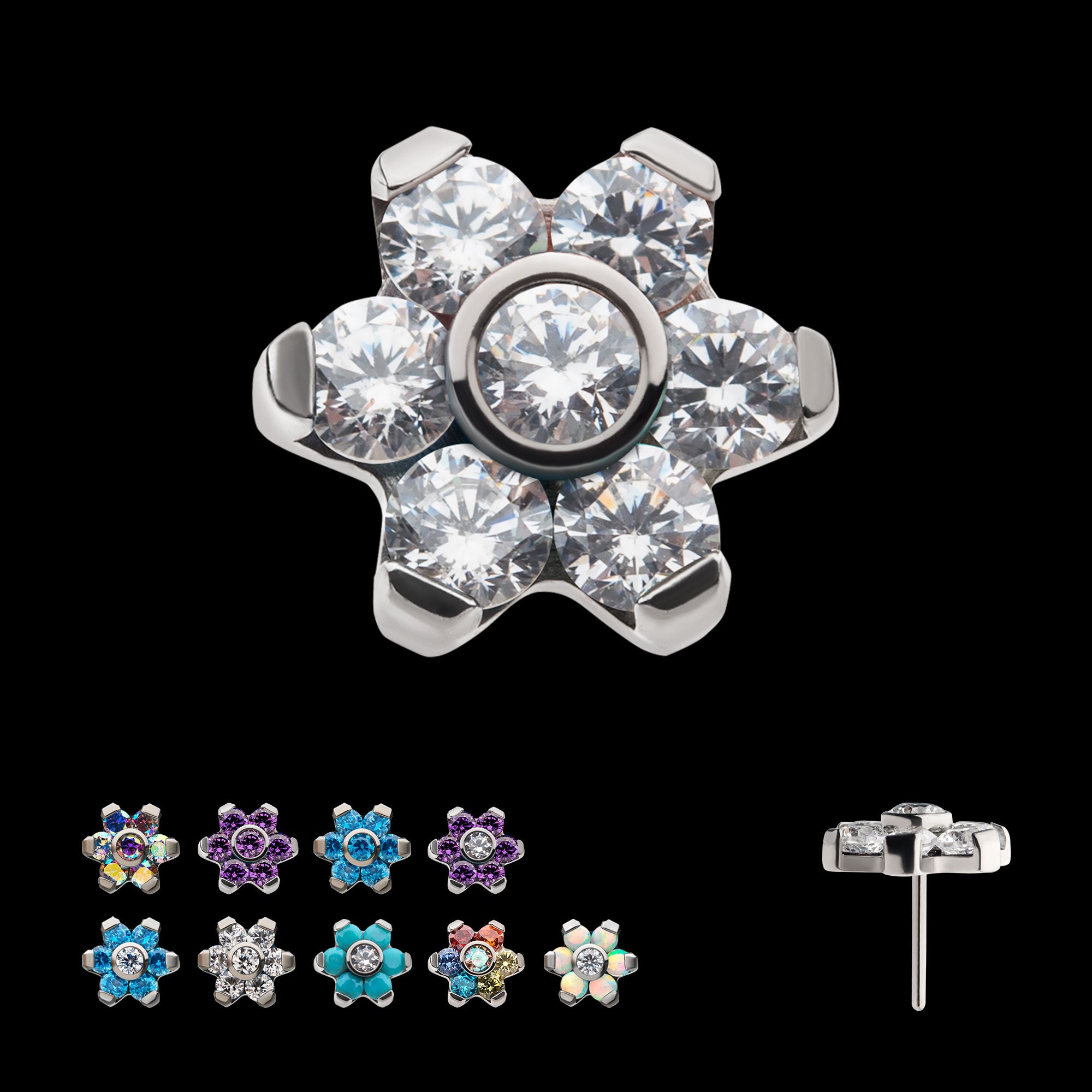 Prong Set 7 CZ Flower Flatback Stud Earring / Nosering - CZ in Titanium