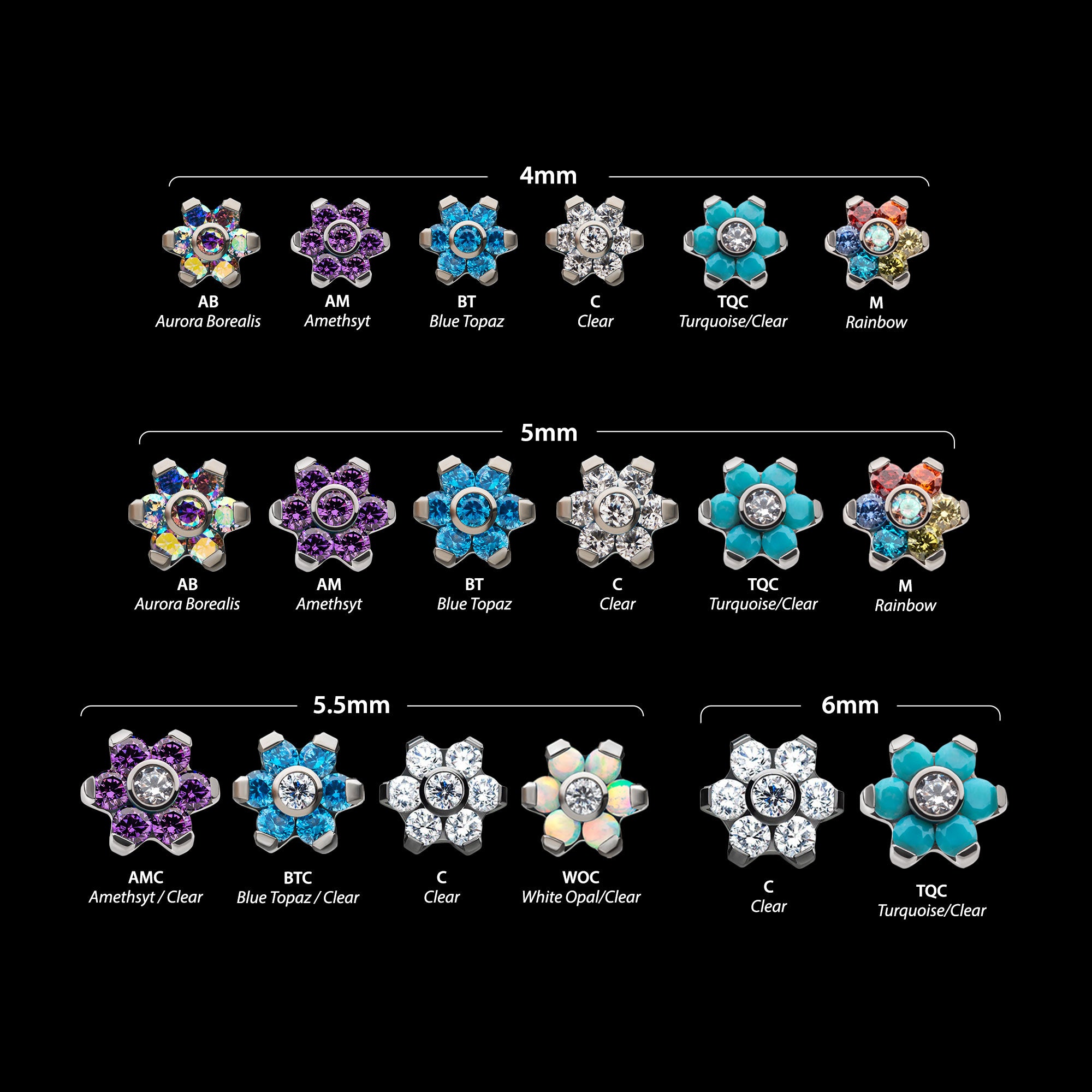 Prong Set 7 CZ Flower Flatback Stud Earring / Nosering - CZ in Titanium