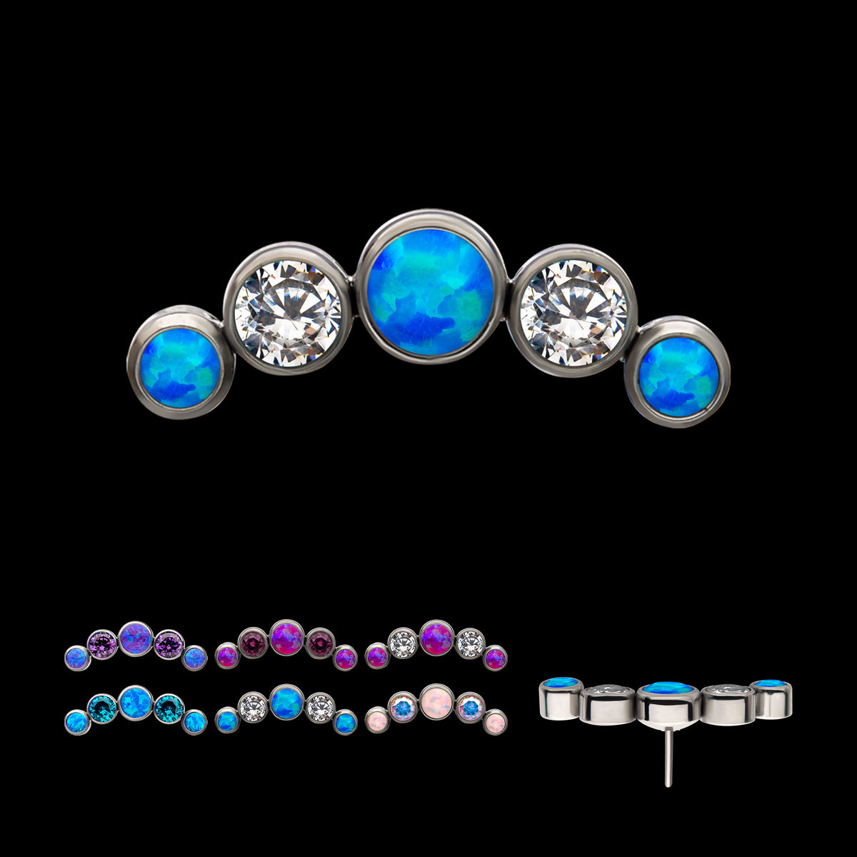 5-Bezel Set Cluster Threadless Earring / Nosering Top – CZ, Swarovski Crystal & Synthetic Opal in Titanium