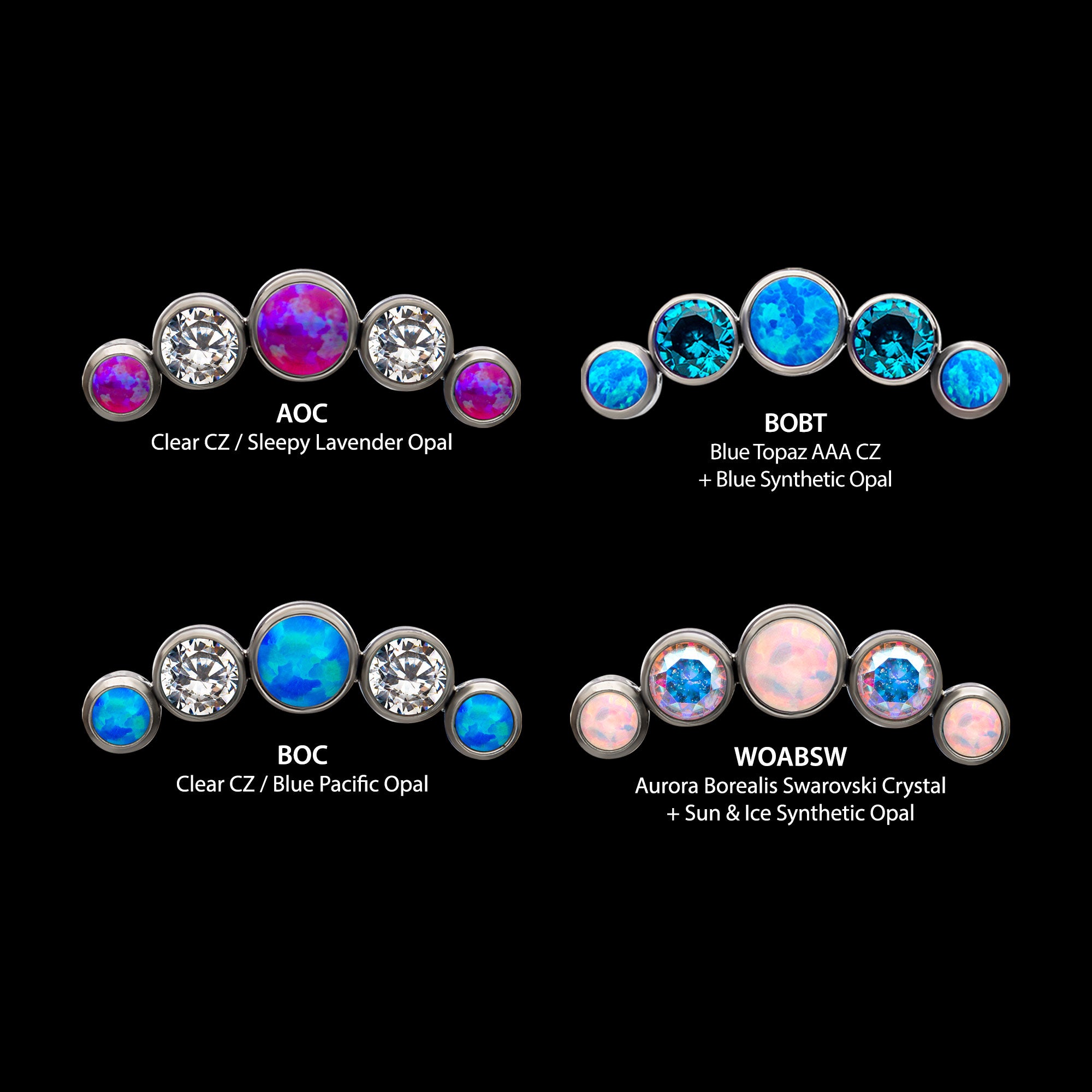 5-Bezel Set CZ/Swarovski Crystal/Synthetic Opal Cluster Flatback Stud Earring / Nosering - Swarovski Crystal & Synthetic Opal & CZ in Titanium