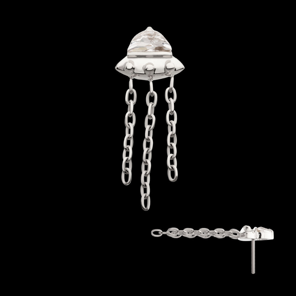 3D UFO Gem with Small Chain Dangle Flatback Stud Earring / Nosering - Gem in Titanium
