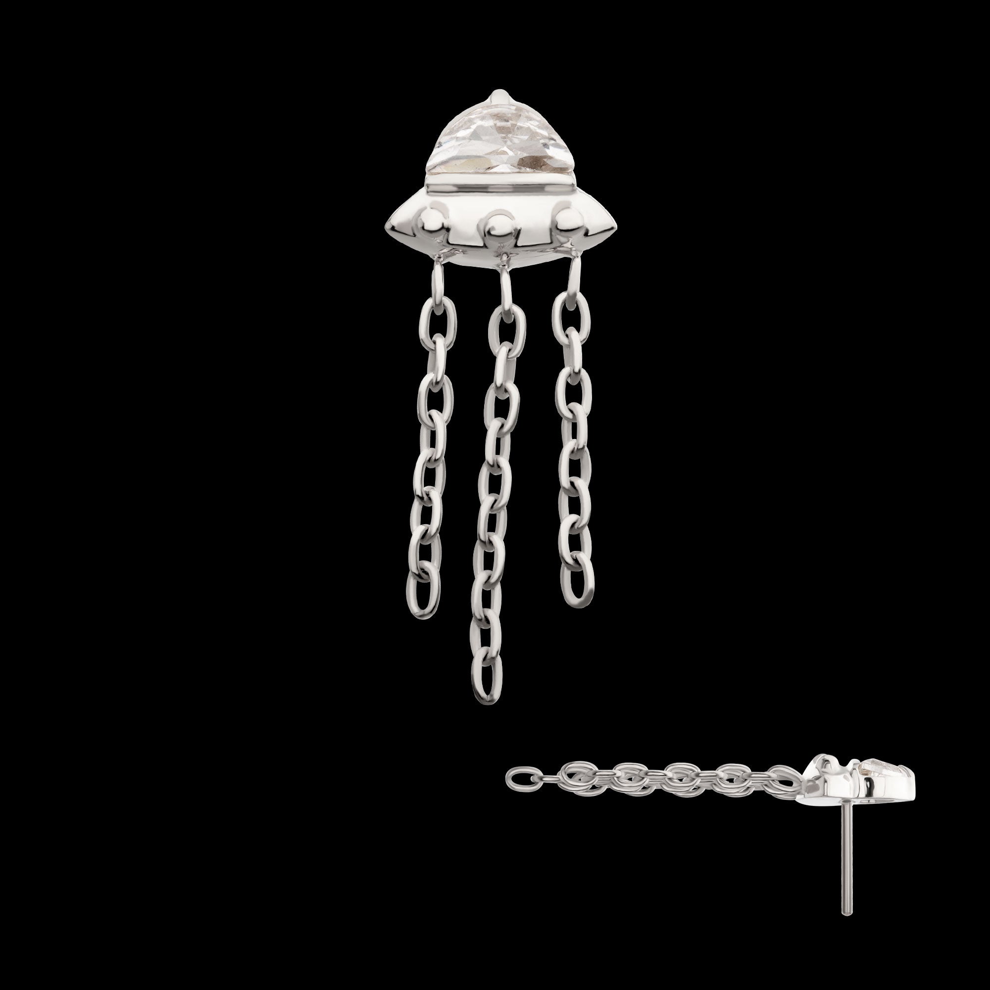 3D UFO Gem with Small Chain Dangle Flatback Stud Earring / Nosering - Gem in Titanium