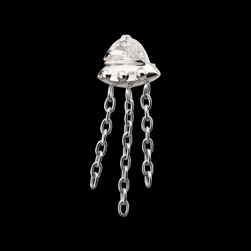 3D UFO Gem with Small Chain Dangle Flatback Stud Earring / Nosering - Gem in Titanium