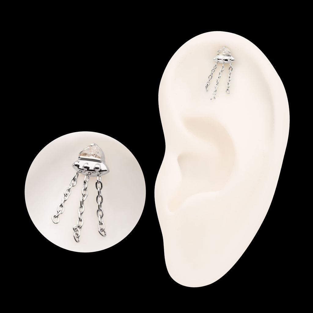 3D UFO Gem with Small Chain Dangle Flatback Stud Earring / Nosering - Gem in Titanium