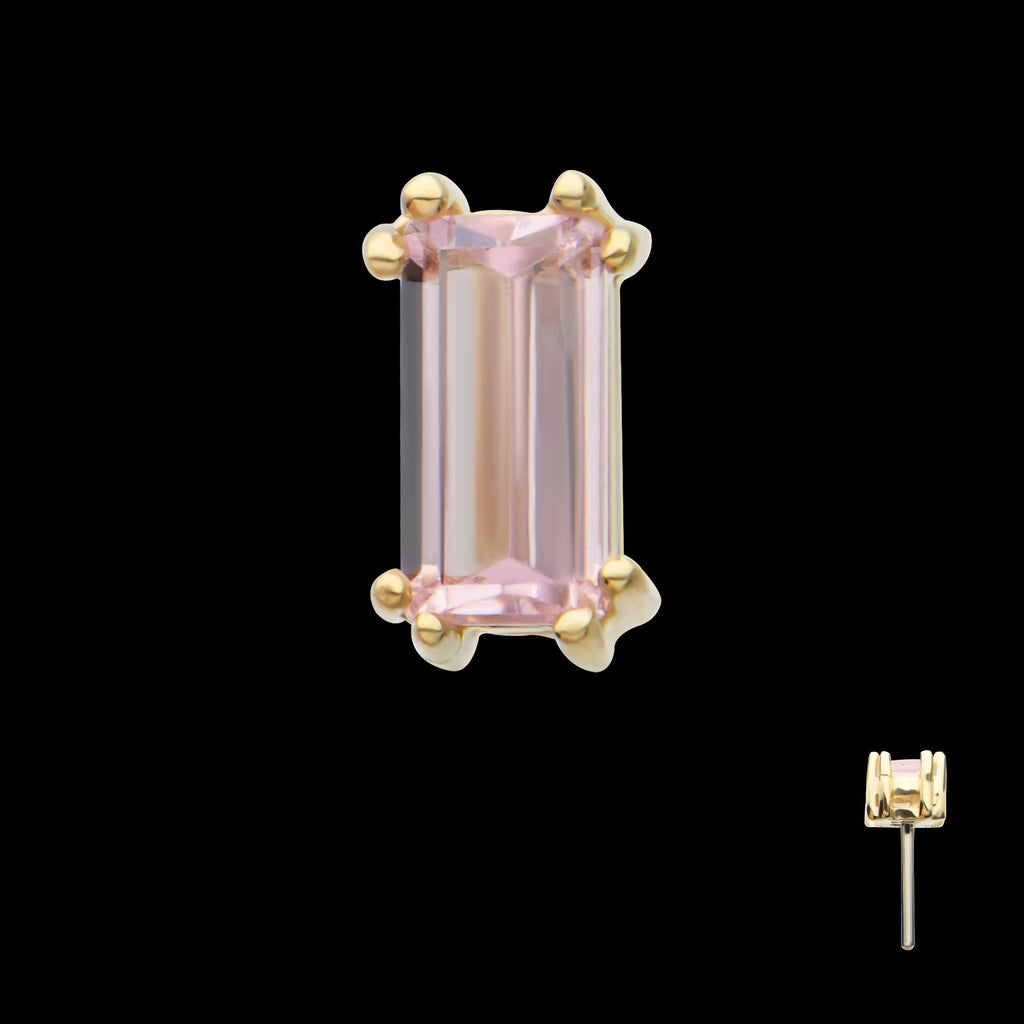 14Kt Yellow Gold Threadless Emerald Cut Pink CZ Top