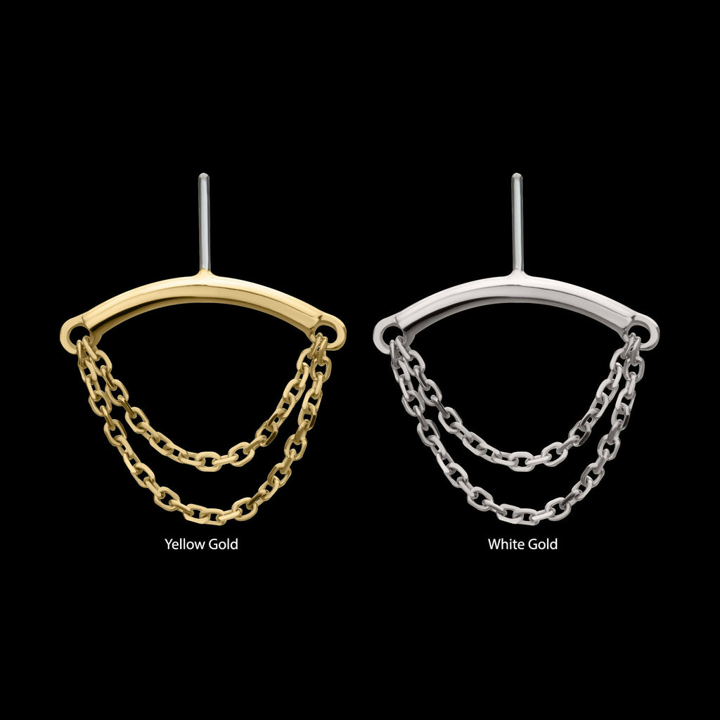 14Kt Gold Threadless Hidden Helix Curved Bar Top with 2-Tier Chain Dangle