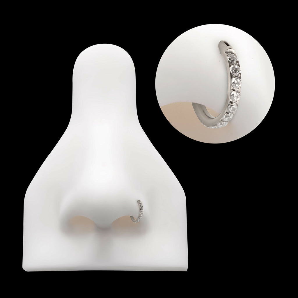 CNC Set Full Clear CZ Eternity Gem with Thicker Outer Hoop Side Facing Hinged Segment Clicker Earring / Nosering – Titanium