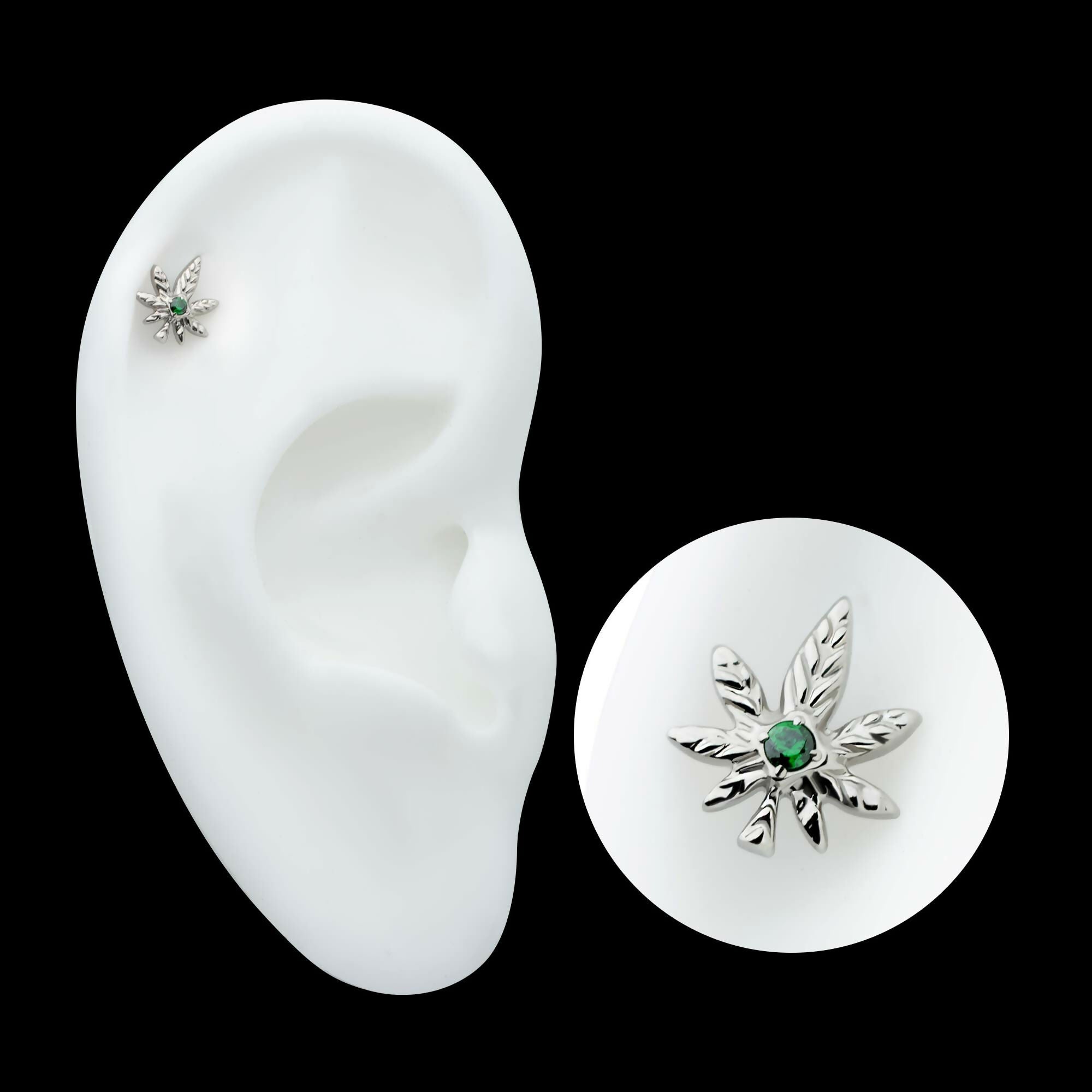 Titanium Threadless Prong Set Emerald Green Gem Pot Leaf Top