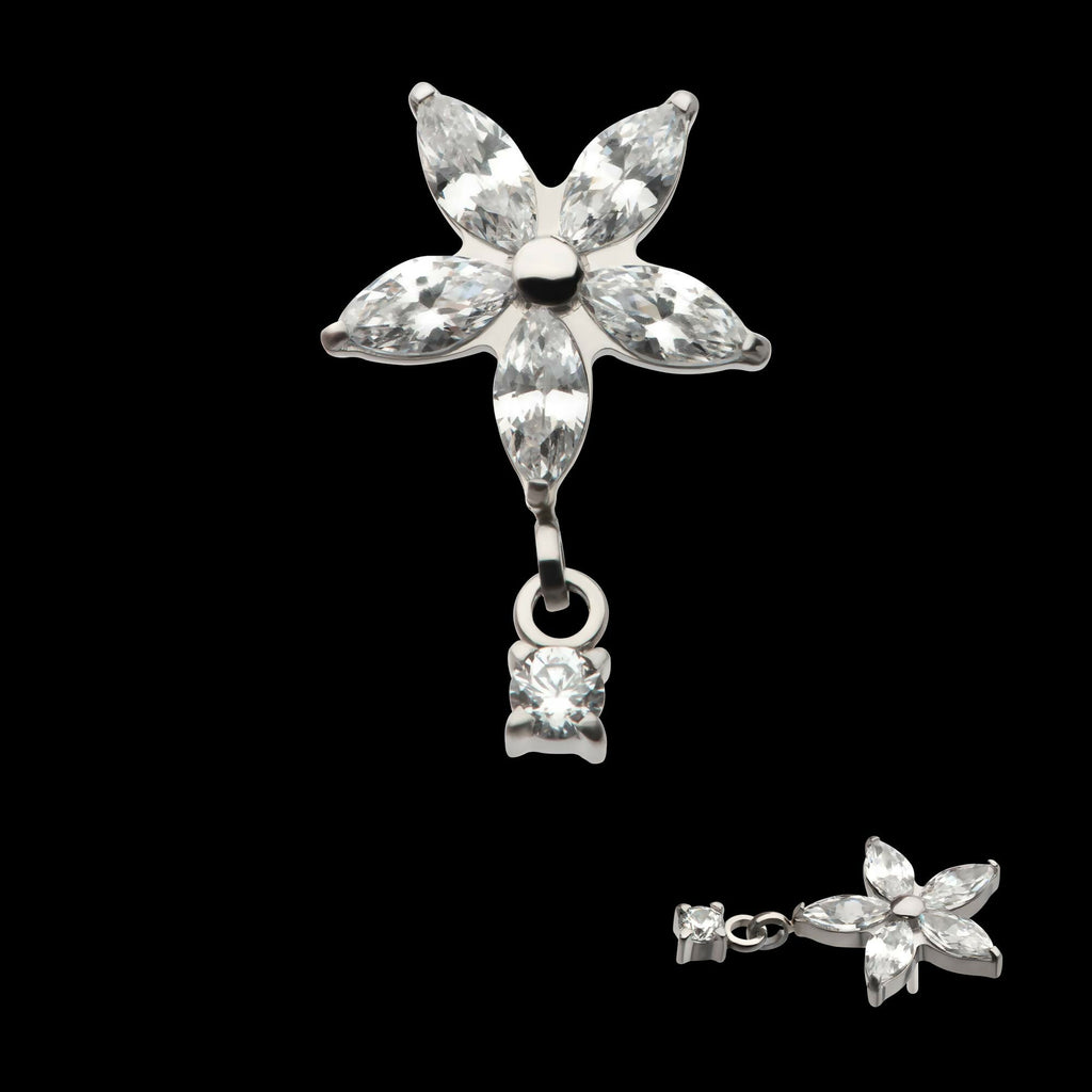 Titanium Threadless 5 Marquise CZ Flower Shape Top with Dangle Prong Set Round CZ