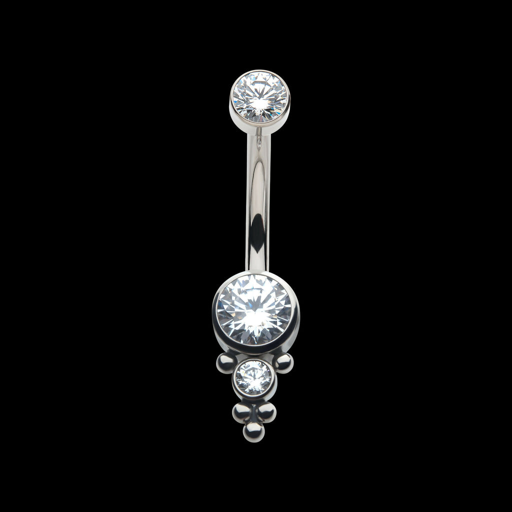 Internally Threaded with Tri Bead Bezel Set CZ Cluster Navel Curve Earring / Nosering – Titanium