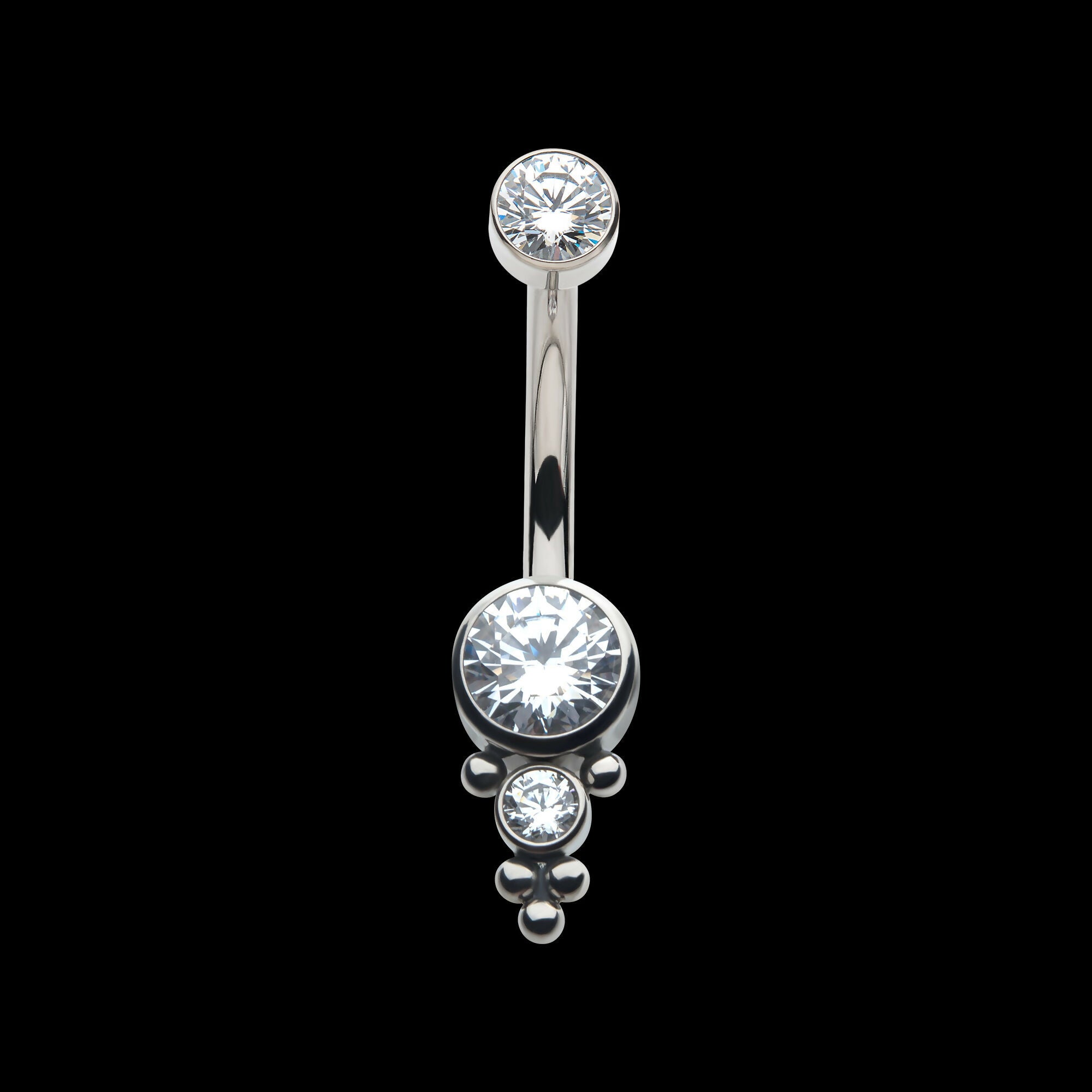 Internally Threaded with Tri Bead Bezel Set CZ Cluster Navel Curve Earring / Nosering – Titanium
