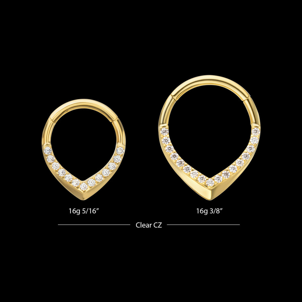 24Kt Gold PVD Titanium Pave Gem V-Shape Front Facing Hinged Segment Clicker Hoop Earring / Nosering