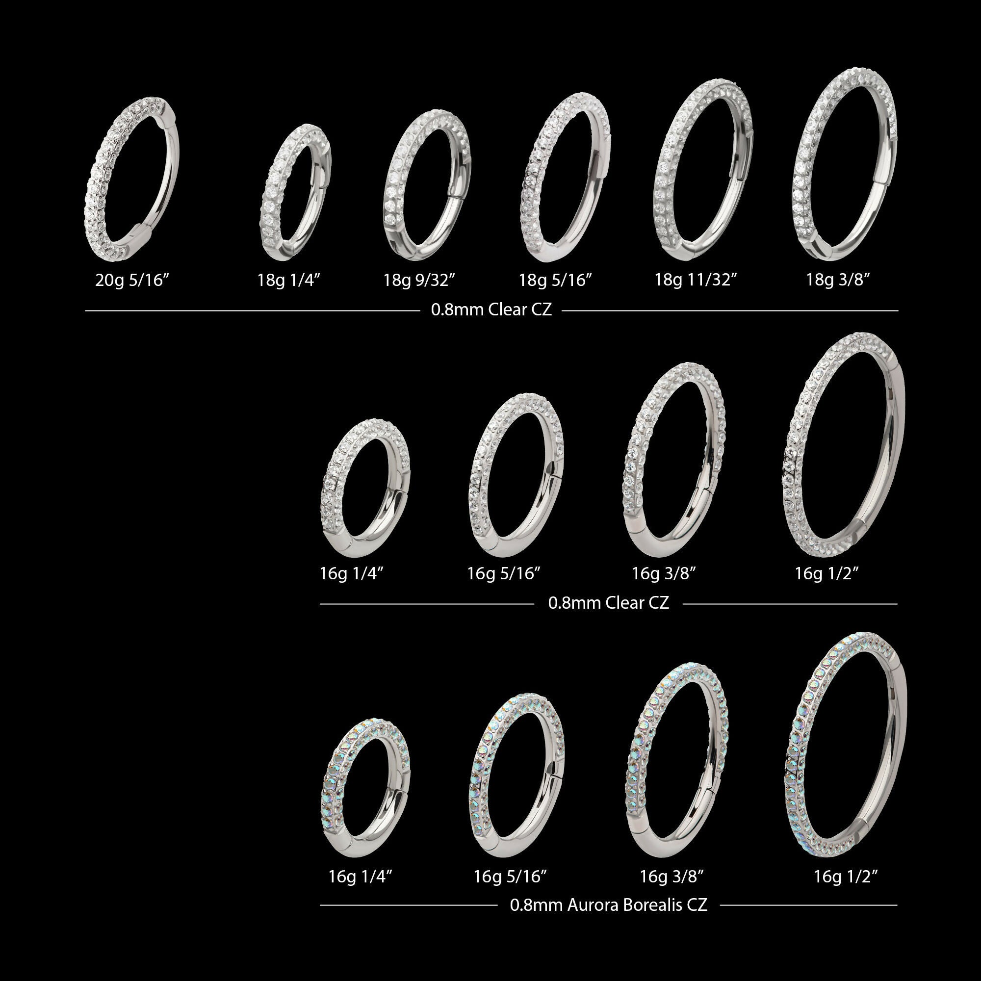 3 Row Pave Set 0.8mm Round Gem Hinged Segment Clicker Hoop Earring / Nosering – Titanium