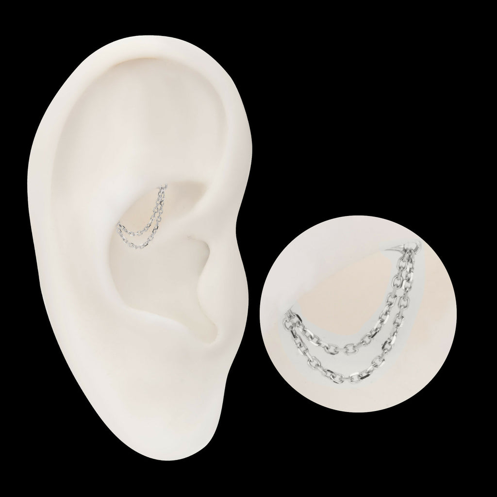 14Kt Gold Threadless Hidden Helix Curved Bar Top with 2-Tier Chain Dangle