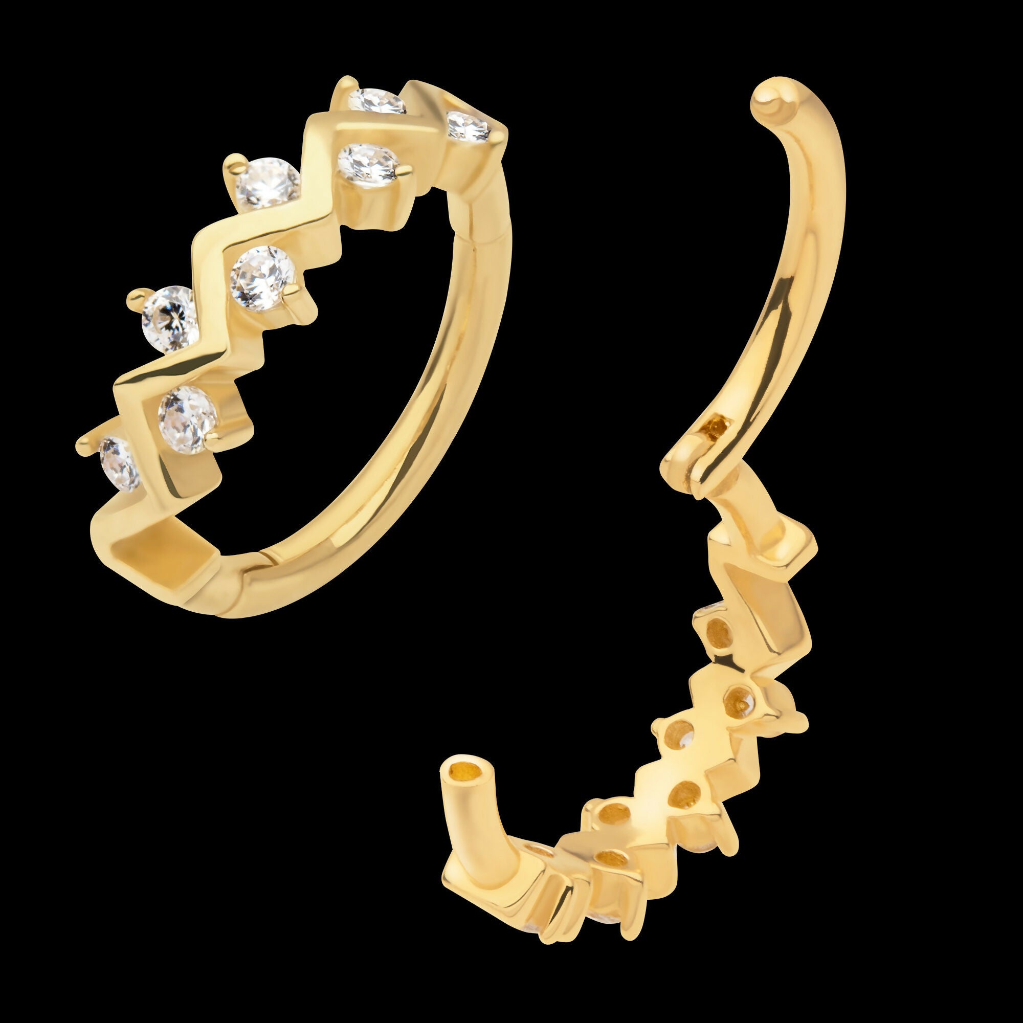 8-Cluster Alternating Prong Set Clear CZ Side Facing Hinged Segment Clicker Hoop Earring / Nosering – 14Kt Yellow Gold