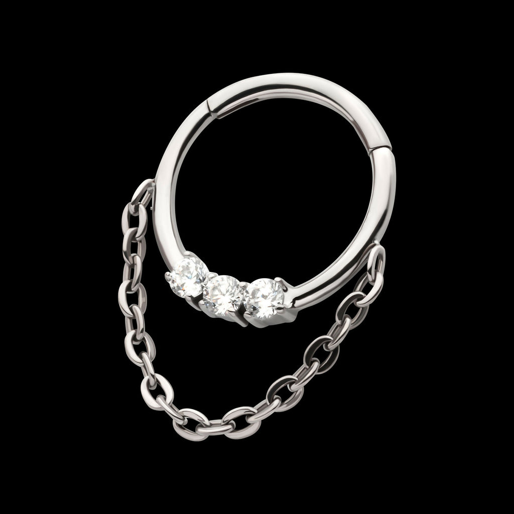 3-Cluster Prong Set Round CZ Front Facing Hinged Segment Clicker with Dangle Chain Hoop Earring / Nosering – Titanium