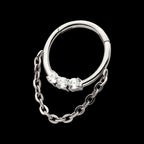 3-Cluster Prong Set Round CZ Front Facing Hinged Segment Clicker with Dangle Chain Hoop Earring / Nosering – Titanium
