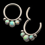 Bezel Set 3 White Synthetic Opal & 2 Beads Front Facing Hinged Segment Clicker Hoop Earring / Nosering – Titanium