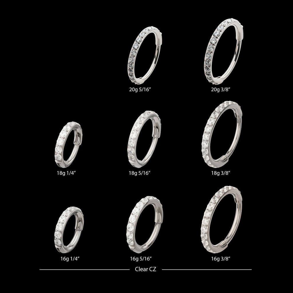 CNC Set Full Clear CZ Eternity Gem with Thicker Outer Hoop Side Facing Hinged Segment Clicker Earring / Nosering – Titanium