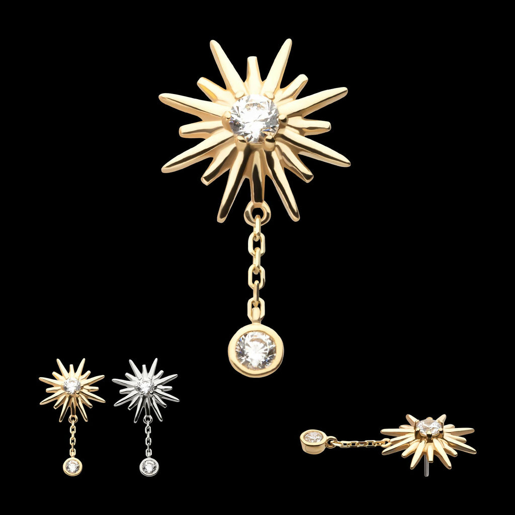 14Kt Gold Threadless Double Prong Set CZ Sunburst with Dangle Chain Top