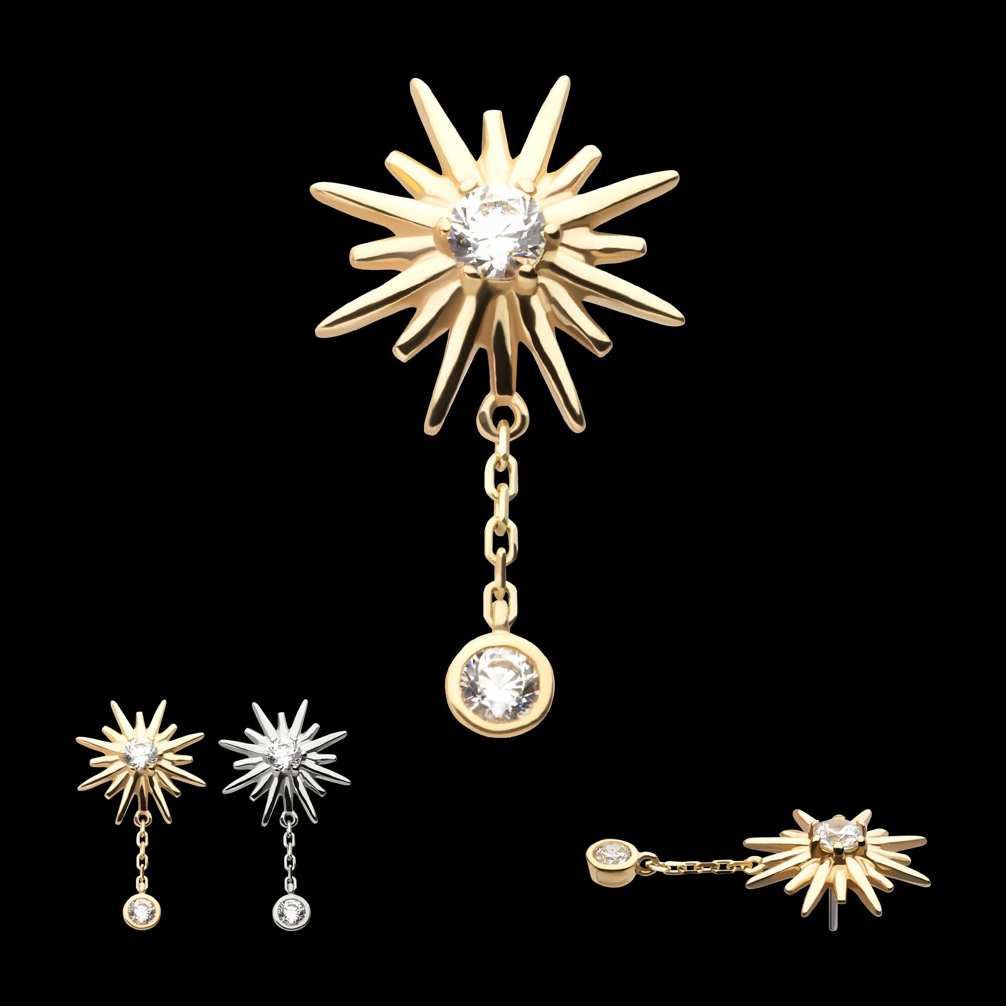 14Kt Gold Threadless Double Prong Set CZ Sunburst with Dangle Chain Top