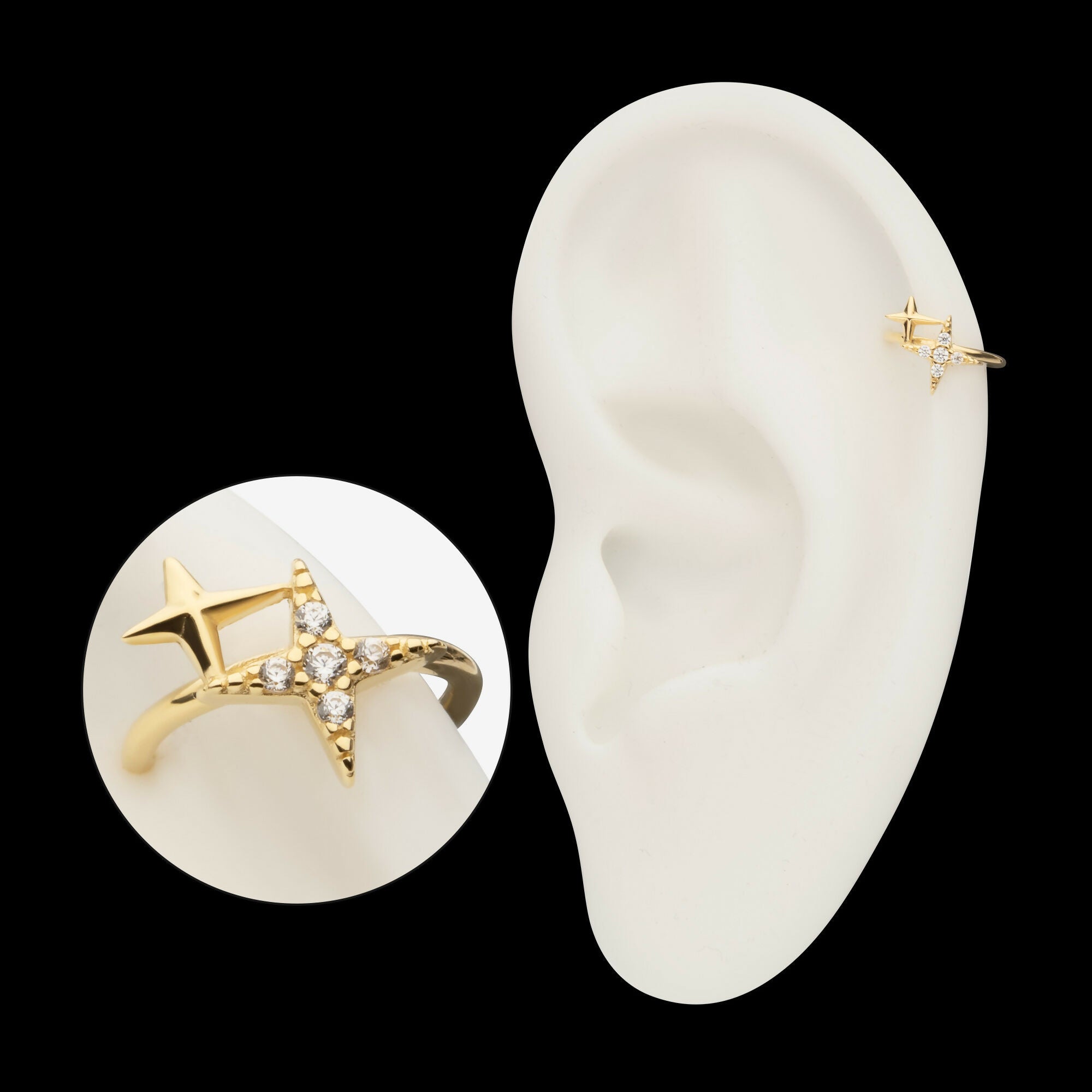 Pave Set Round Gem Double Star Side Facing Hinged Segment Clicker Hoop Earring / Nosering – 14Kt Yellow Gold