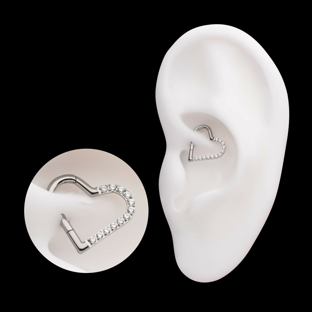 CNC Set Gem Heart Front Facing Hinged Segment Clicker (For Left Ear) Hoop Earring / Nosering – Titanium
