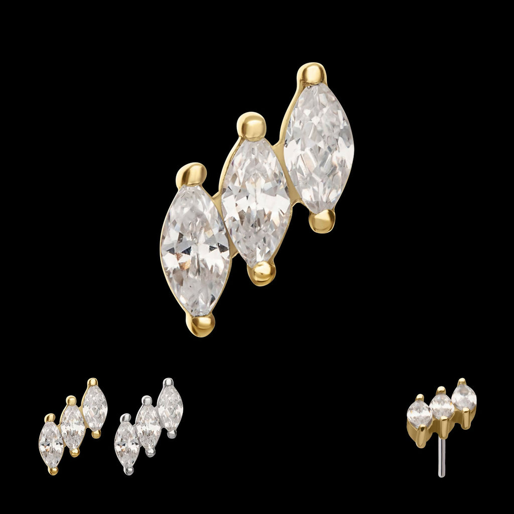 14Kt Gold Threadless Staggered Cluster Prong Set Marquise Gem Top