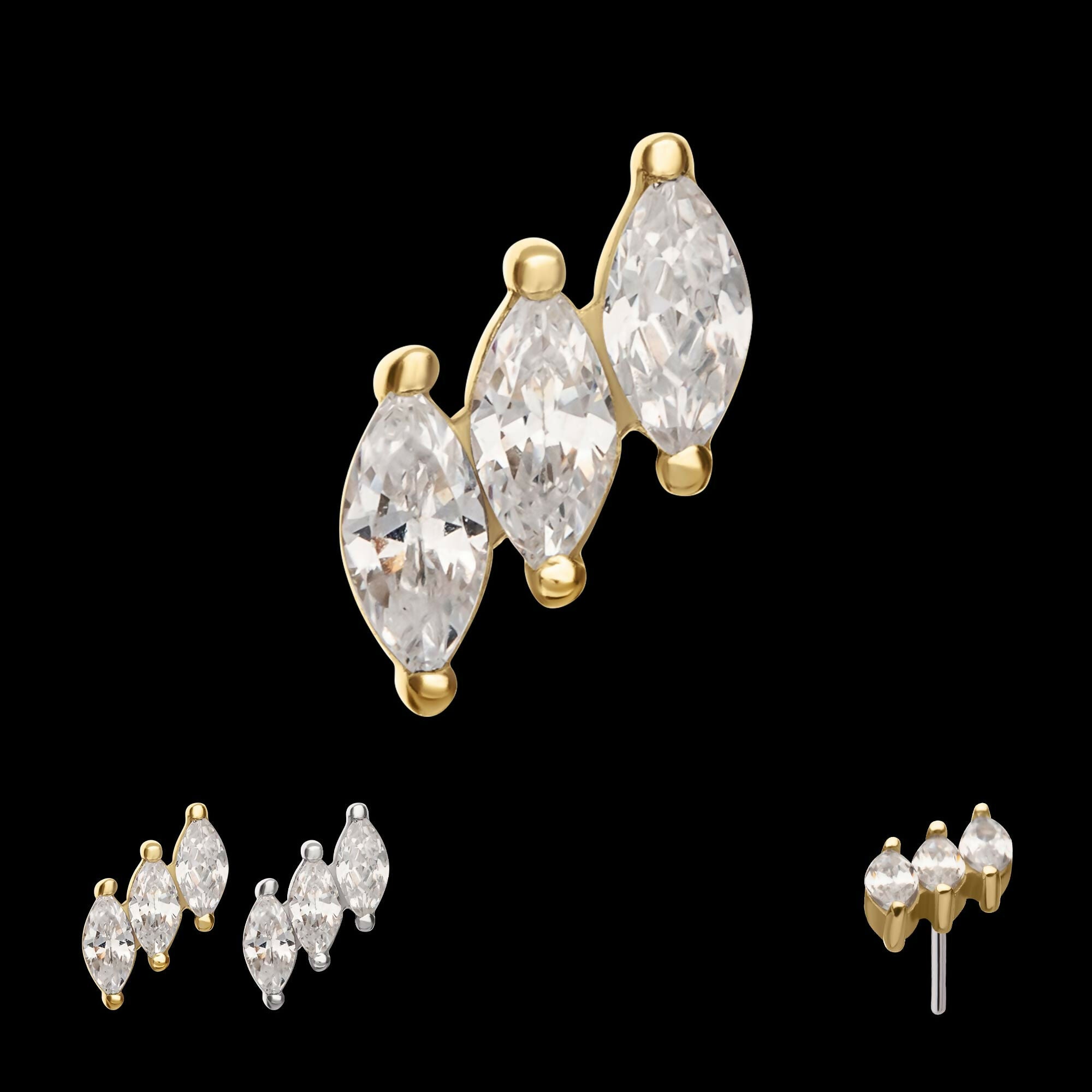 14Kt Gold Threadless Staggered Cluster Prong Set Marquise Gem Top