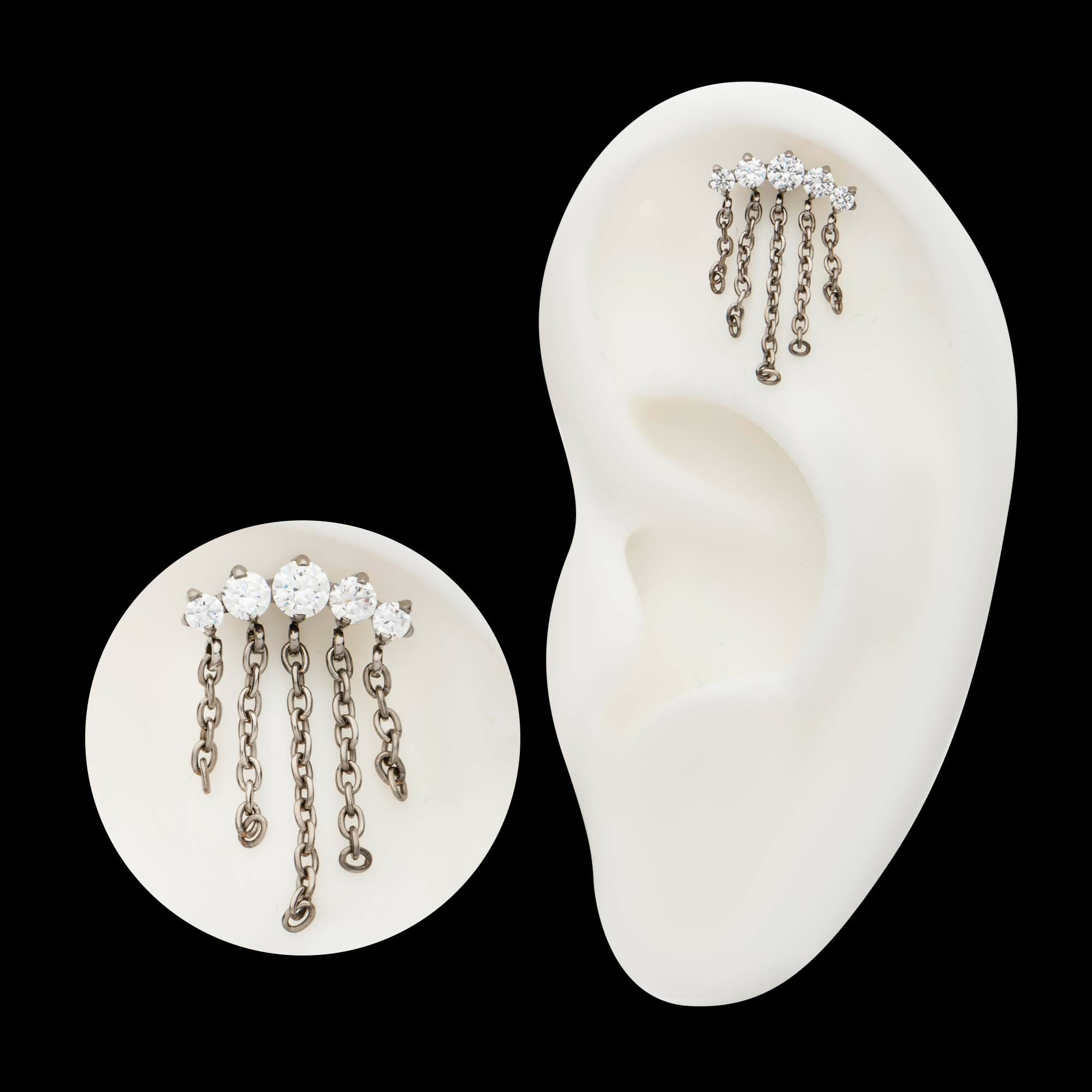 Titanium Threadless 5-Cluster Round AAA CZ Top with 5 Dangle Chains