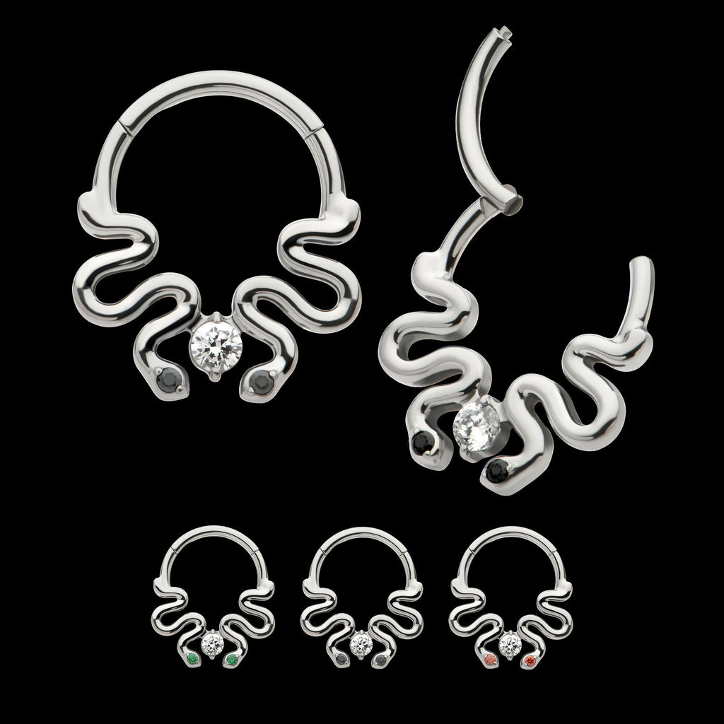 Pronged Round CZ Duo Snake Front Facing Hinged Segment Clicker Hoop Earring / Nosering – Titanium