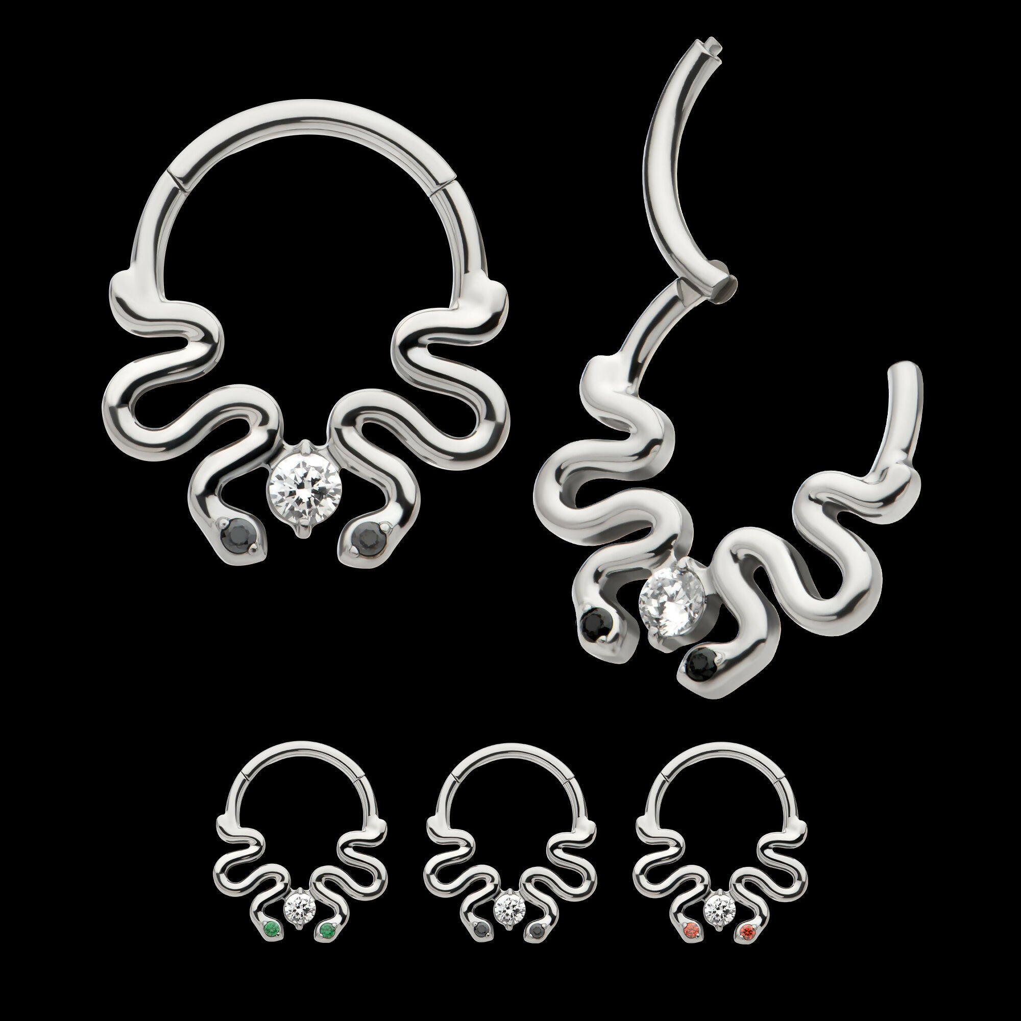 Pronged Round CZ Duo Snake Front Facing Hinged Segment Clicker Hoop Earring / Nosering – Titanium