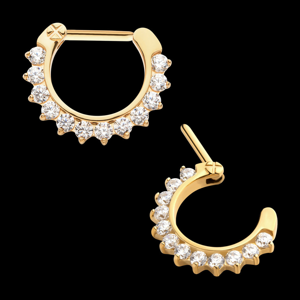 24KT Gold PVD Titanium Pave Set Clear CZ Cluster Septum Clicker Hoop Earring / Nosering