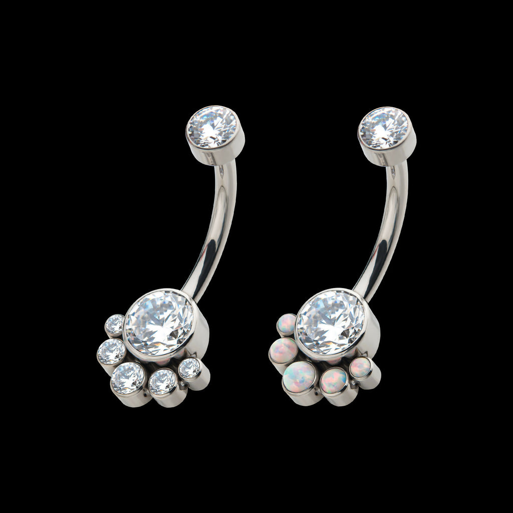 Internally Threaded with 5 Bezel Set Round CZ/Synthetic Opal Terraced Cluster Fixed Navel Earring / Nosering – Titanium