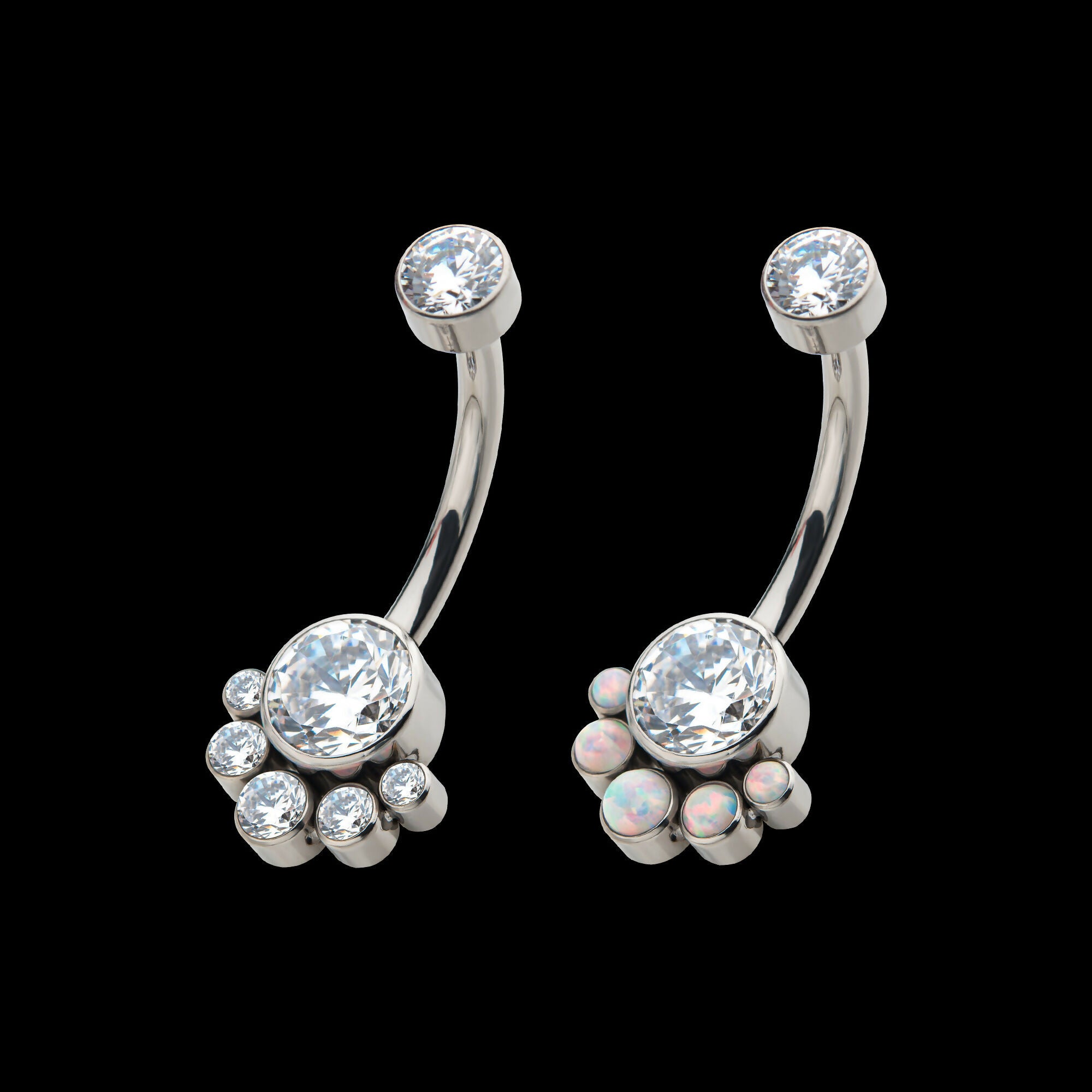 Internally Threaded with 5 Bezel Set Round CZ/Synthetic Opal Terraced Cluster Fixed Navel Earring / Nosering – Titanium