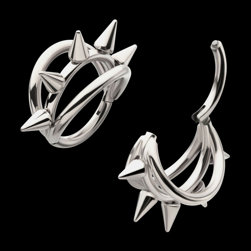 Five-Spiked Open Stack Triple Hoop Hinged Segment Clicker Earring / Nosering – Titanium