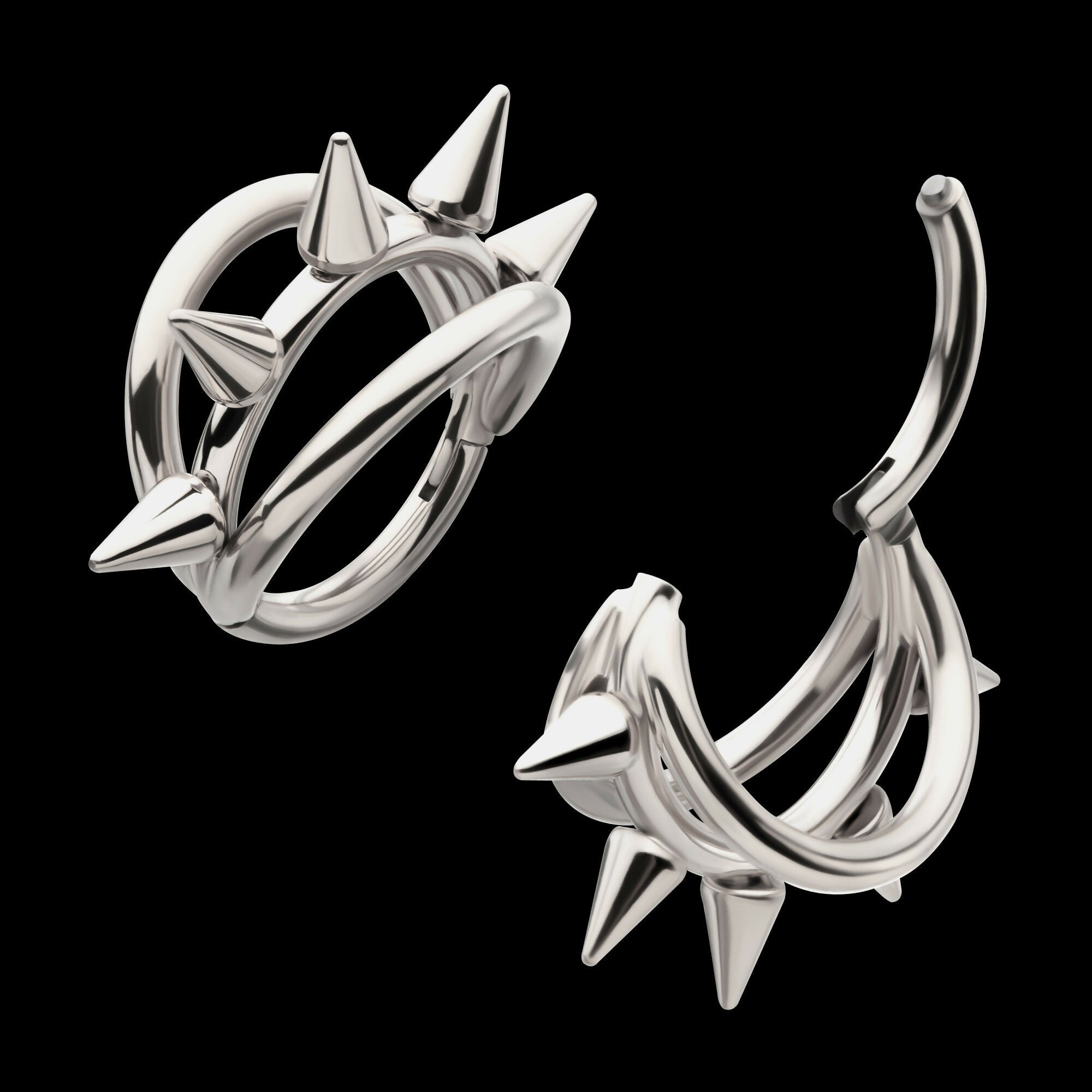 Five-Spiked Open Stack Triple Hoop Hinged Segment Clicker Earring / Nosering – Titanium
