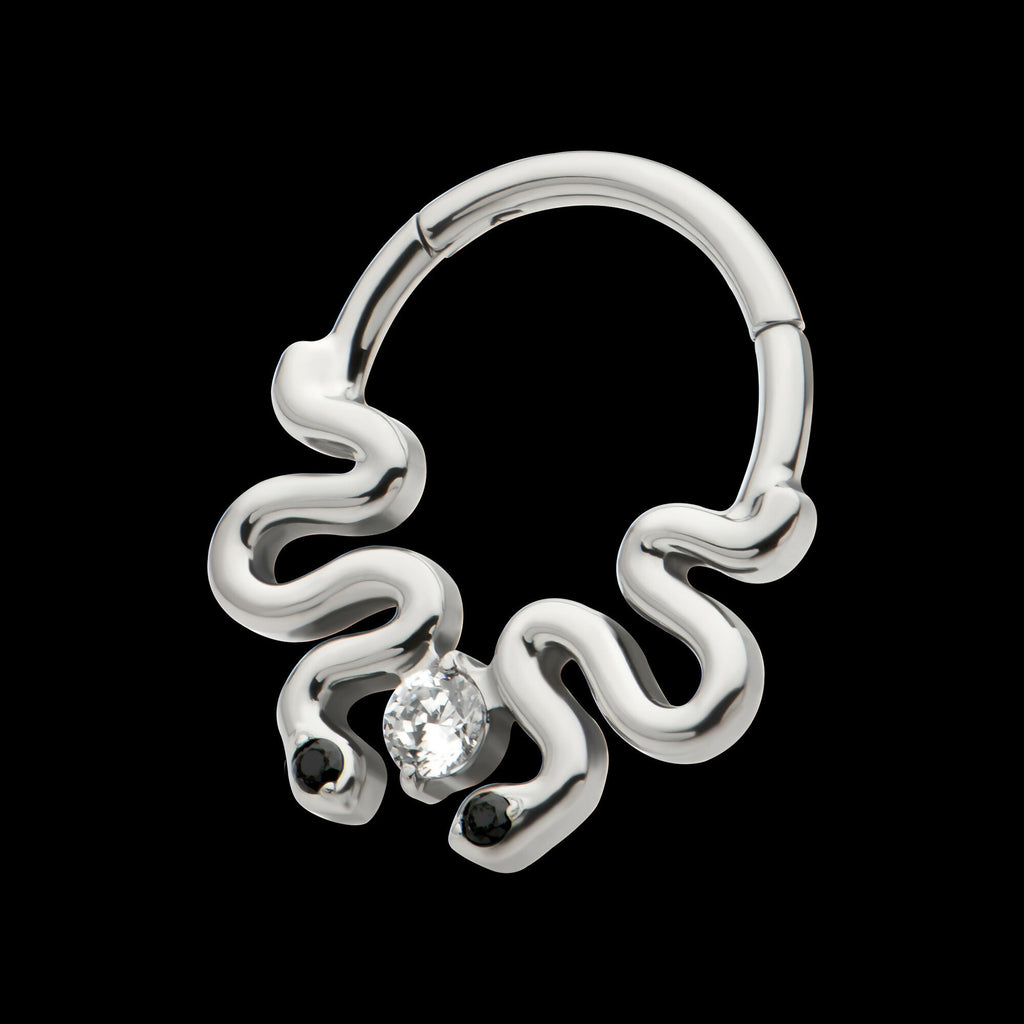 Pronged Round CZ Duo Snake Front Facing Hinged Segment Clicker Hoop Earring / Nosering – Titanium