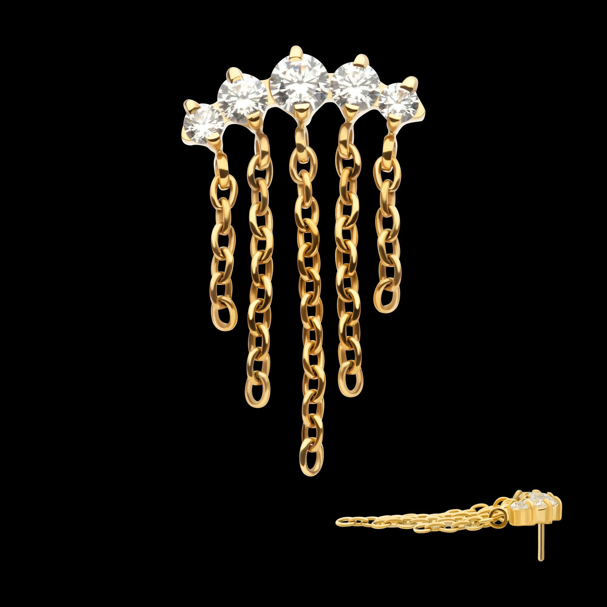 24Kt Gold PVD Titanium Threadless 5-Cluster Round AAA CZ Top with 5 Dangle Chains