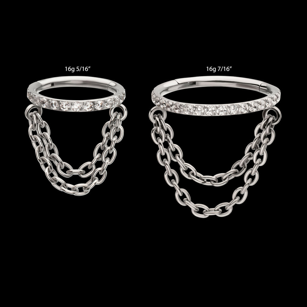 Pave Gem Hoop with 2-Tier Chain Dangle Hinged Segment Clicker Earring / Nosering – Titanium