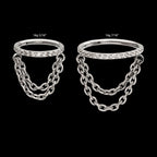 Pave Gem Hoop with 2-Tier Chain Dangle Hinged Segment Clicker Earring / Nosering – Titanium