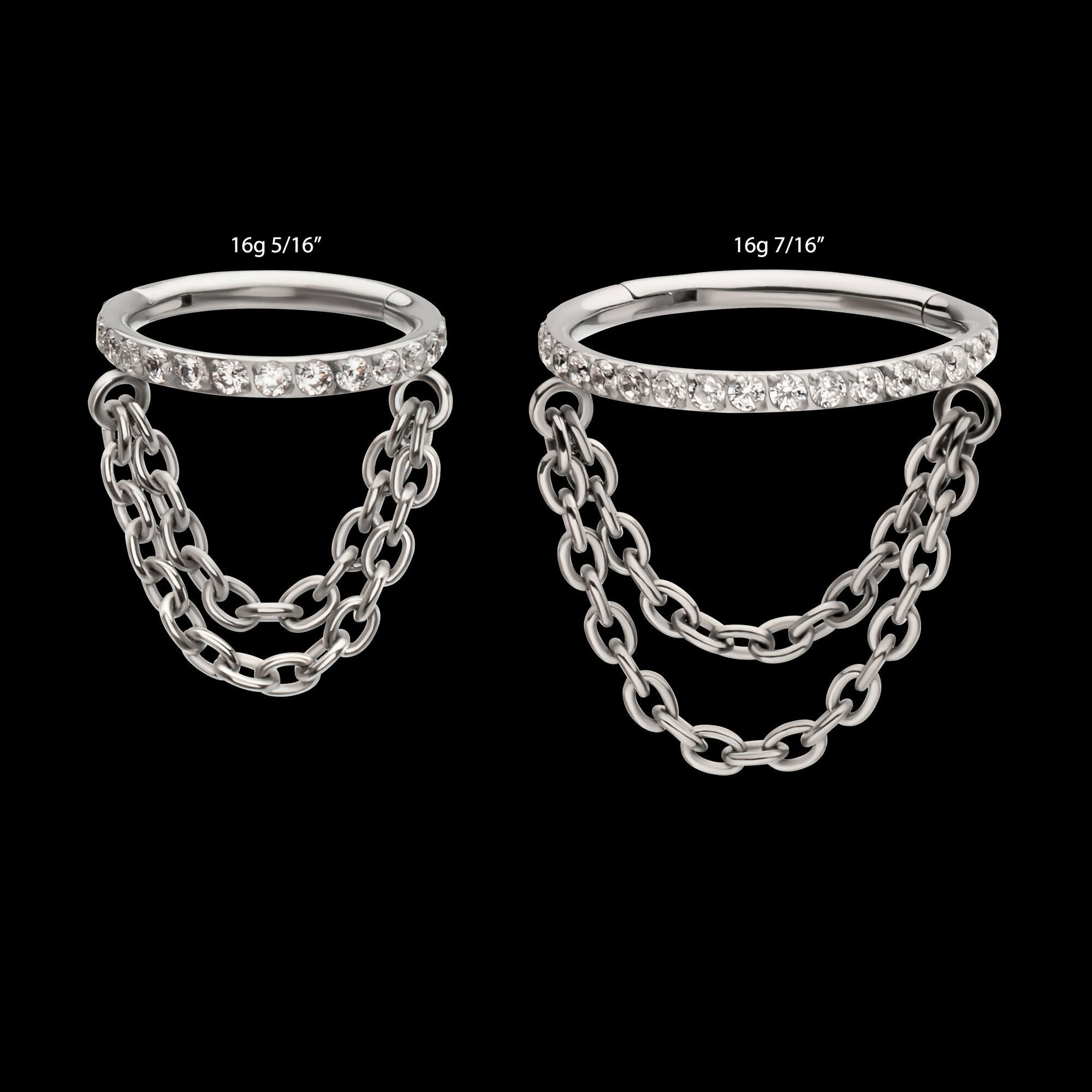 Pave Gem Hoop with 2-Tier Chain Dangle Hinged Segment Clicker Earring / Nosering – Titanium
