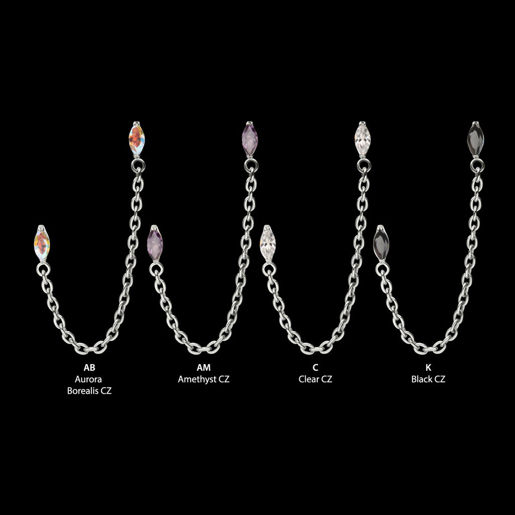 Titanium Threadless Double Prong Set Marquise Gem Top with Rolo Chain Dangle