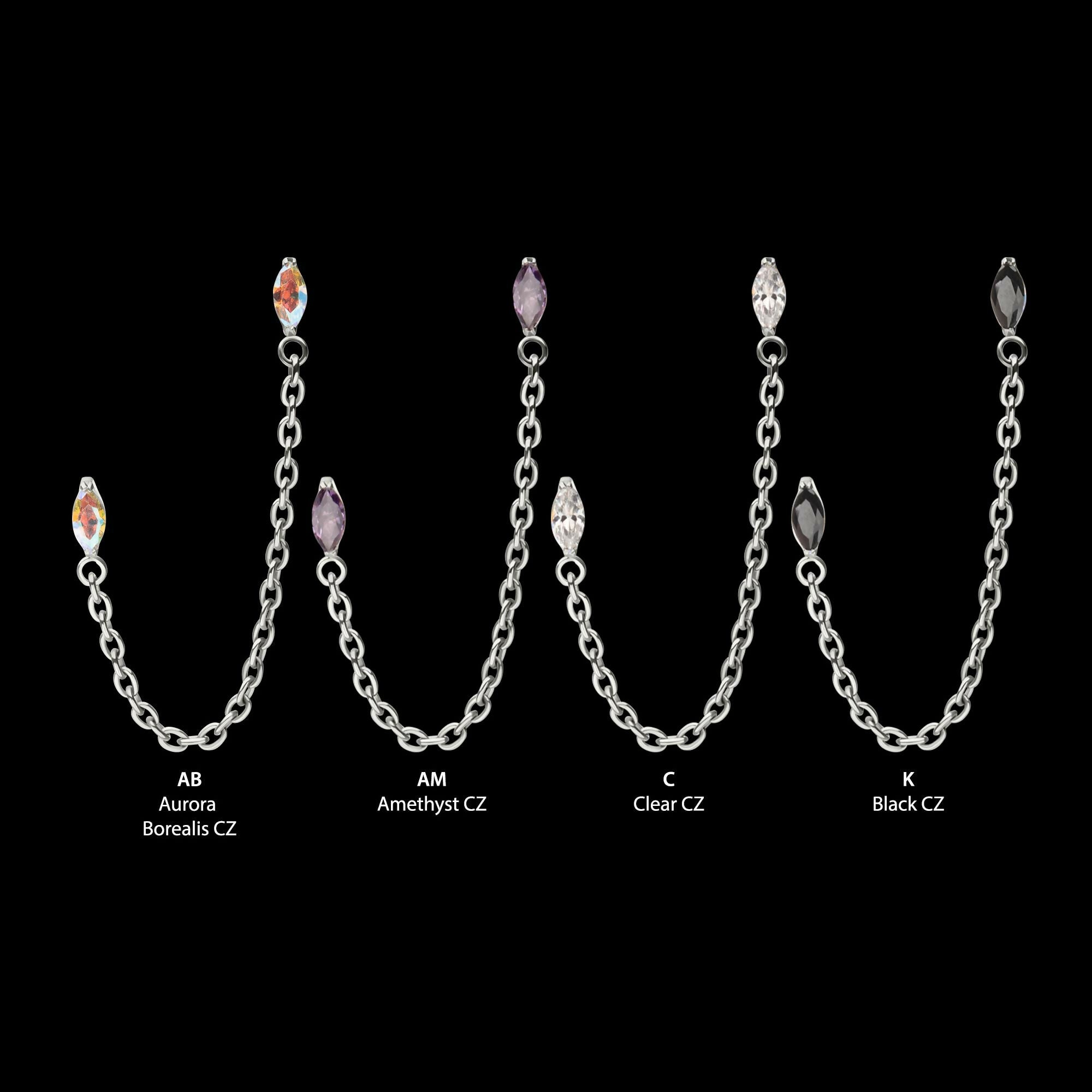 Titanium Threadless Double Prong Set Marquise Gem Top with Rolo Chain Dangle