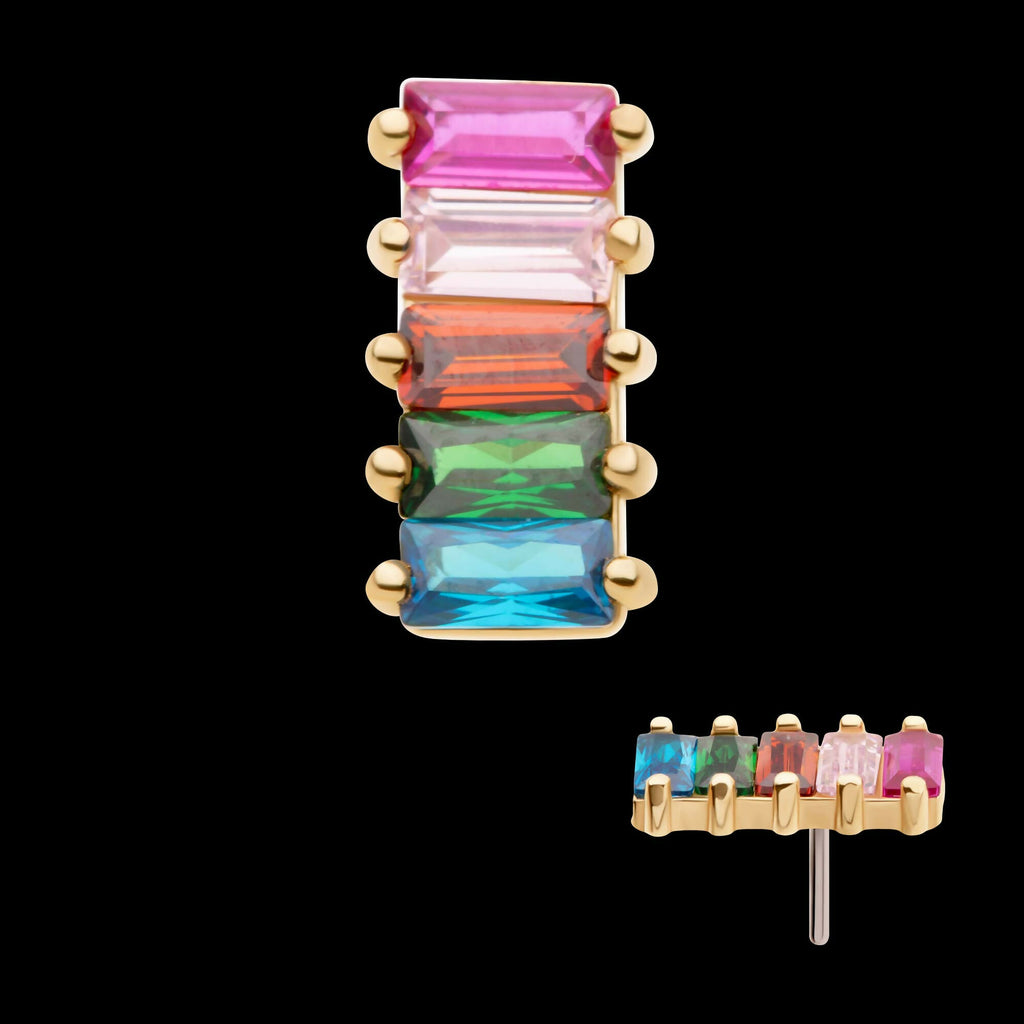 14Kt Yellow Gold Threadless with Prong Set Baguette Rainbow CZ 5-Cluster Top