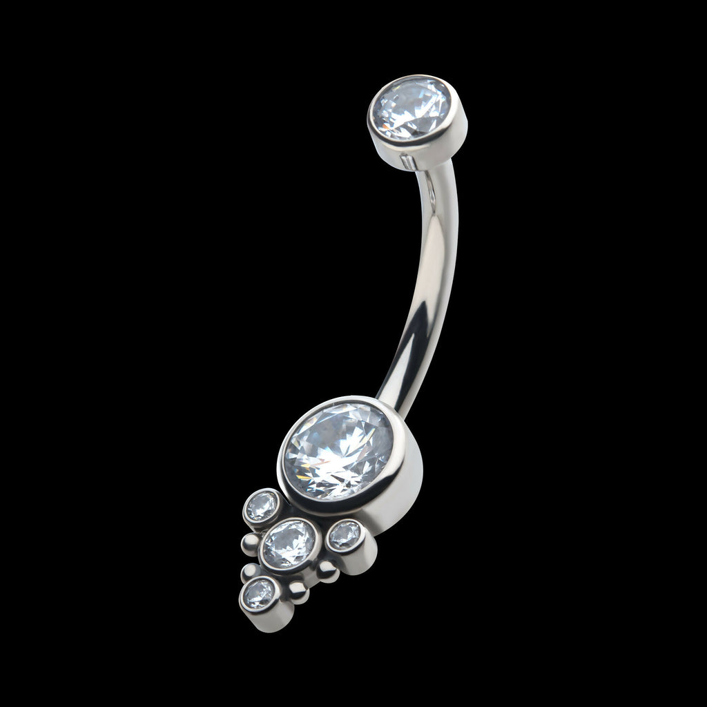Internally Threaded with Beaded Bezel Set CZ Terraced Cluster Navel Curve Earring / Nosering – Titanium