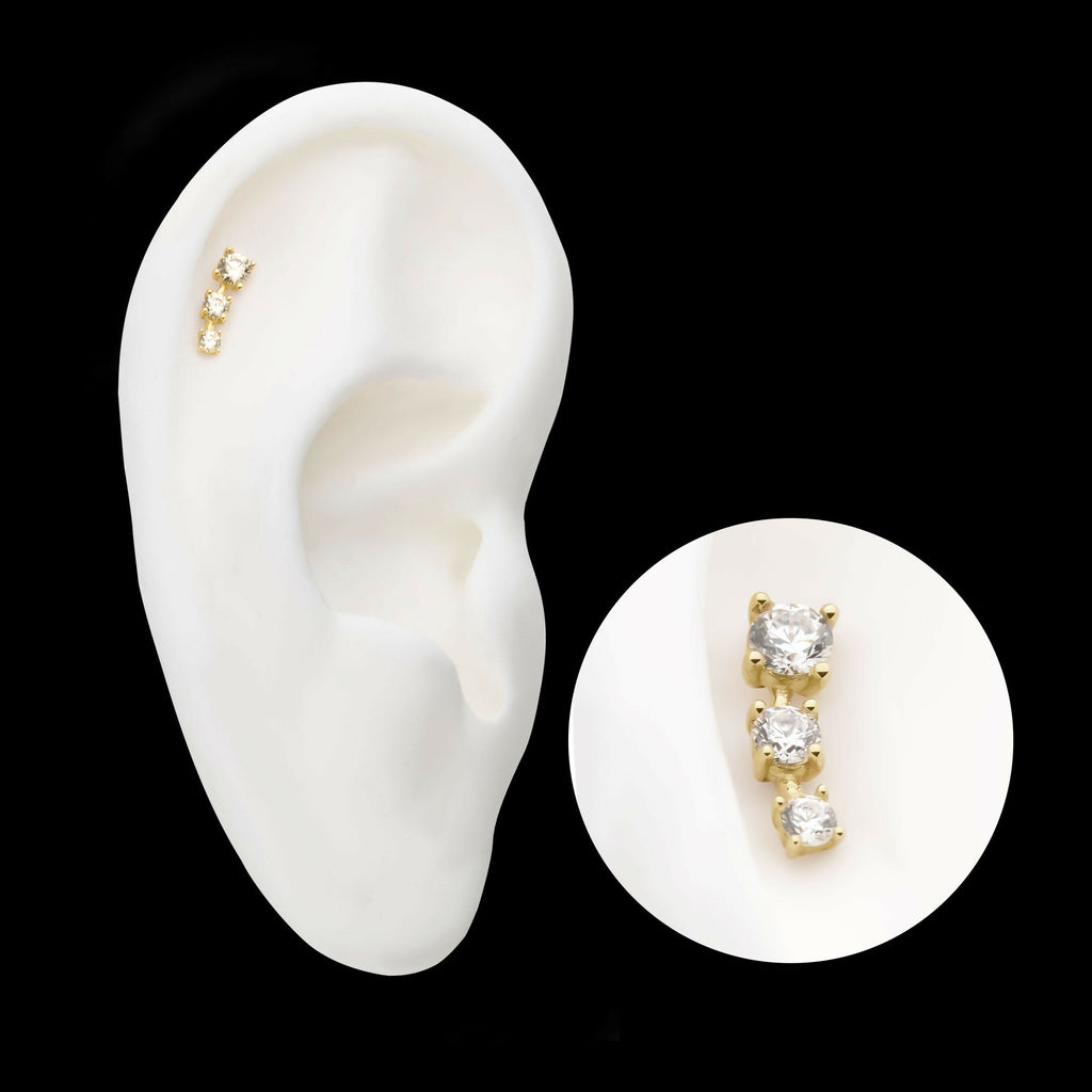 14Kt Yellow Gold Threadless with Prong Set CZ 3-Cluster Top